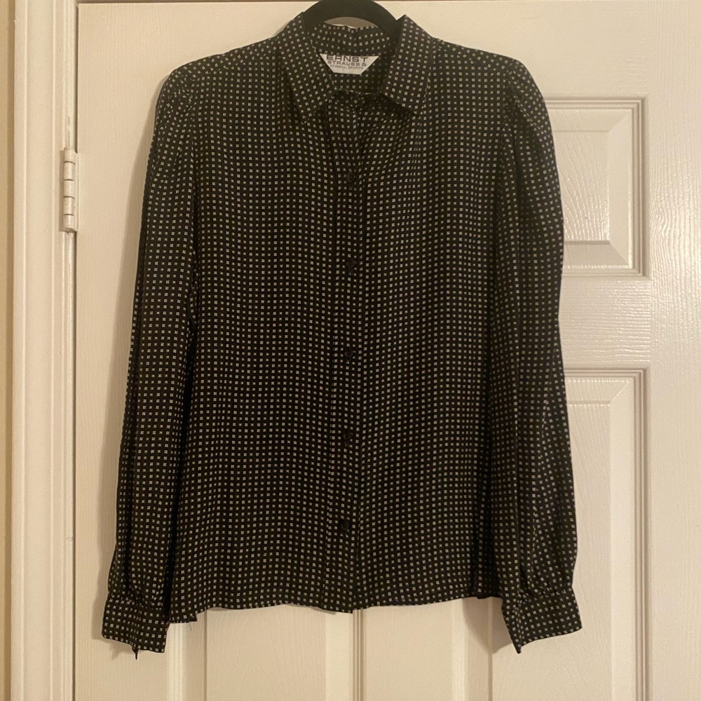 Ernst Strauss Women’s Black/White Button Down Blouse.Long Sleeve.100% Silk.Small